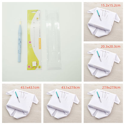 Set of all five snap embroidery frames, 6 x 6, 8 x 8, 11 x 11, 17 x 11 and 17 x 17 inch, labelled with sizes in cm, with blue adjustable punch needle kit