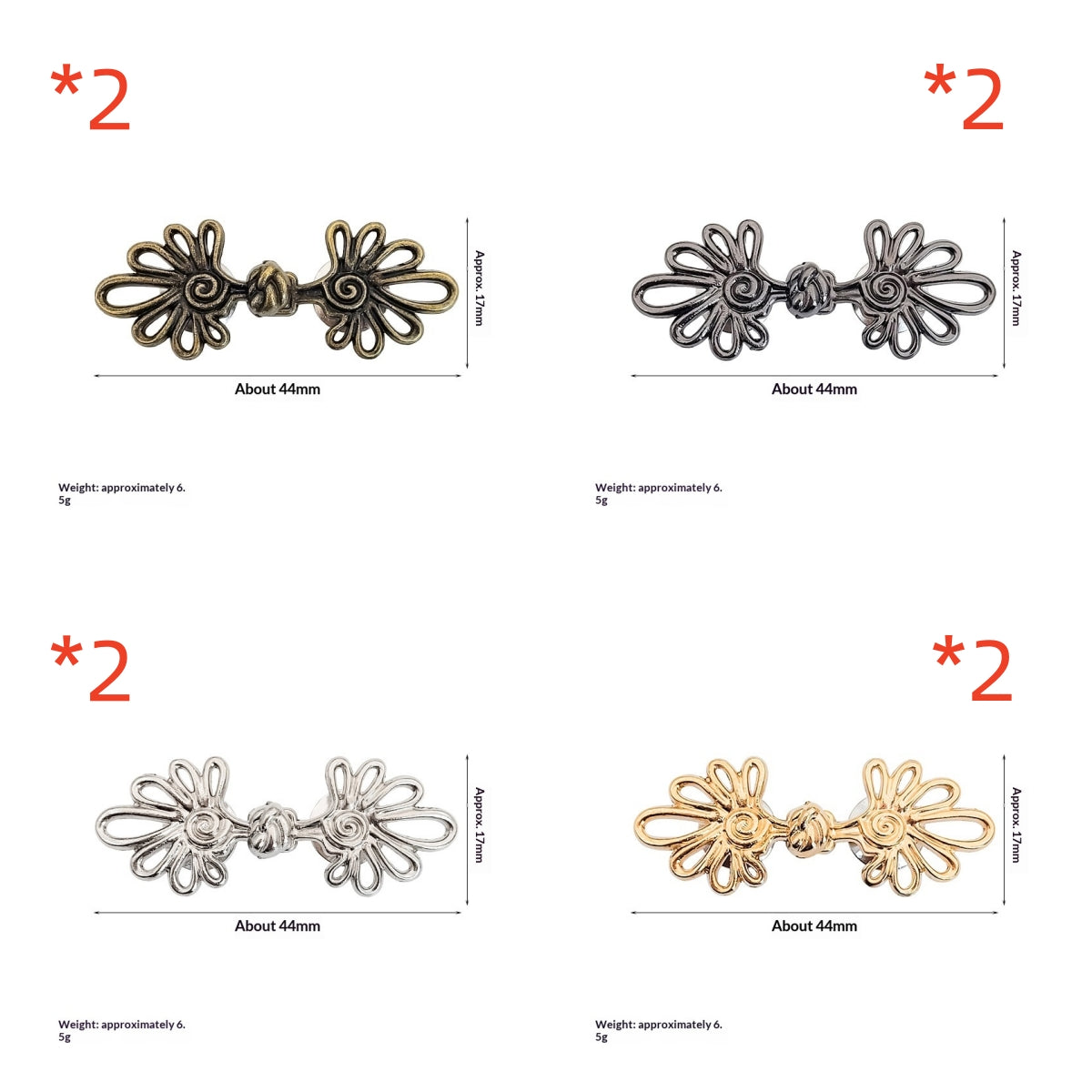 Eight spiral daisy waist cinch clip sets, two each of bronze, gunmetal, silver and golden
