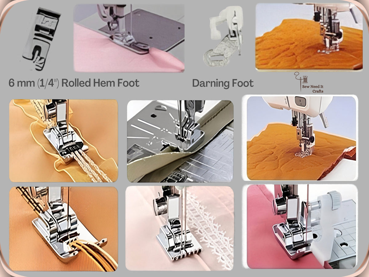 6 mm rolled hem foot and darning foot with stitching samples, above six close-ups of feet sewing cording, piping, lace and free-motion quilting