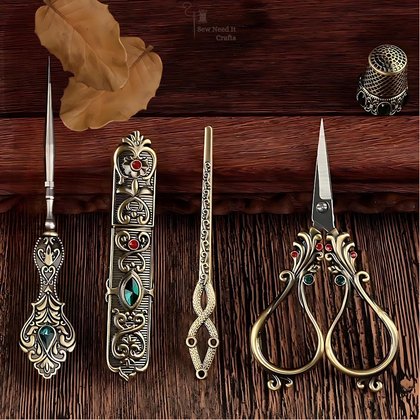 Elegant Metal Engraved Antique, Retro & Vintage Style Complete Sewing Set With Box