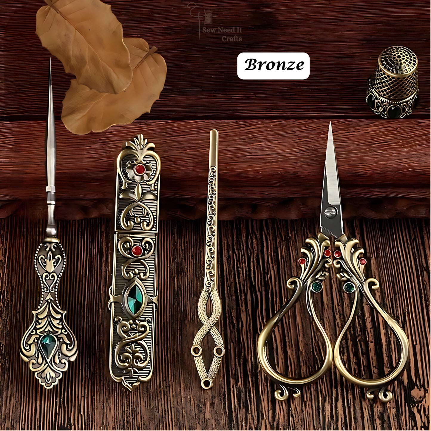 Elegant Metal Engraved Antique, Retro & Vintage Style Complete Sewing Set With Box