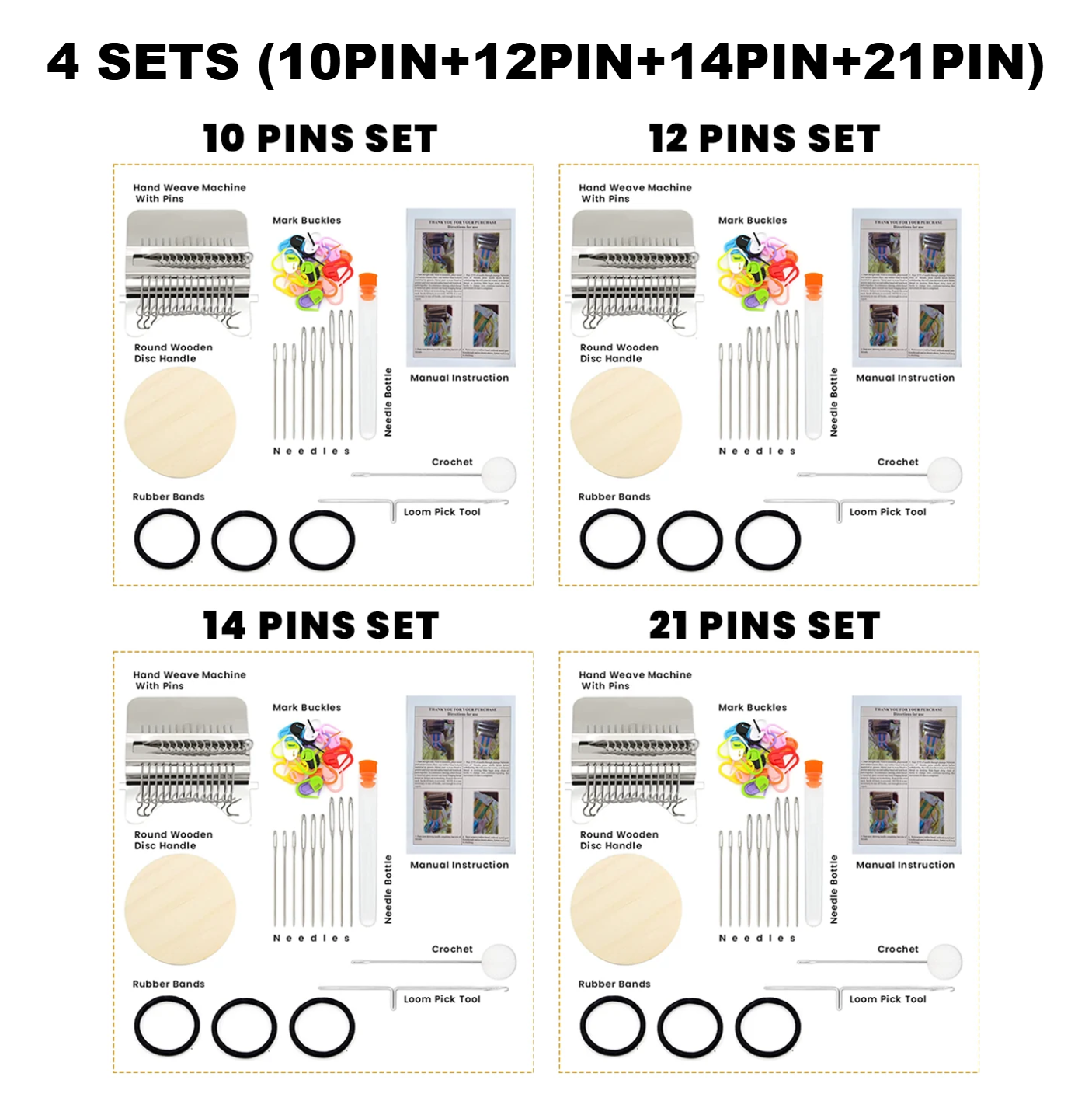 Darning loom 4 kits bundle showing the 10 pin, 12 pin, 14 pin and 21 pin sets