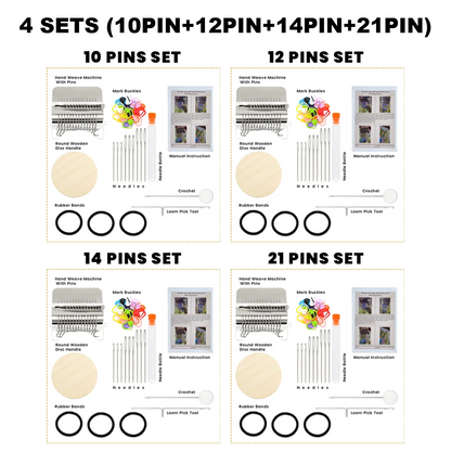 Darning loom 4 kits bundle showing the 10 pin, 12 pin, 14 pin and 21 pin sets
