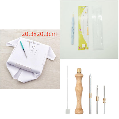 8 x 8 inch snap embroidery frame labelled with its size in cm, with both the blue adjustable punch needle kit and the wooden-handle punch needle set