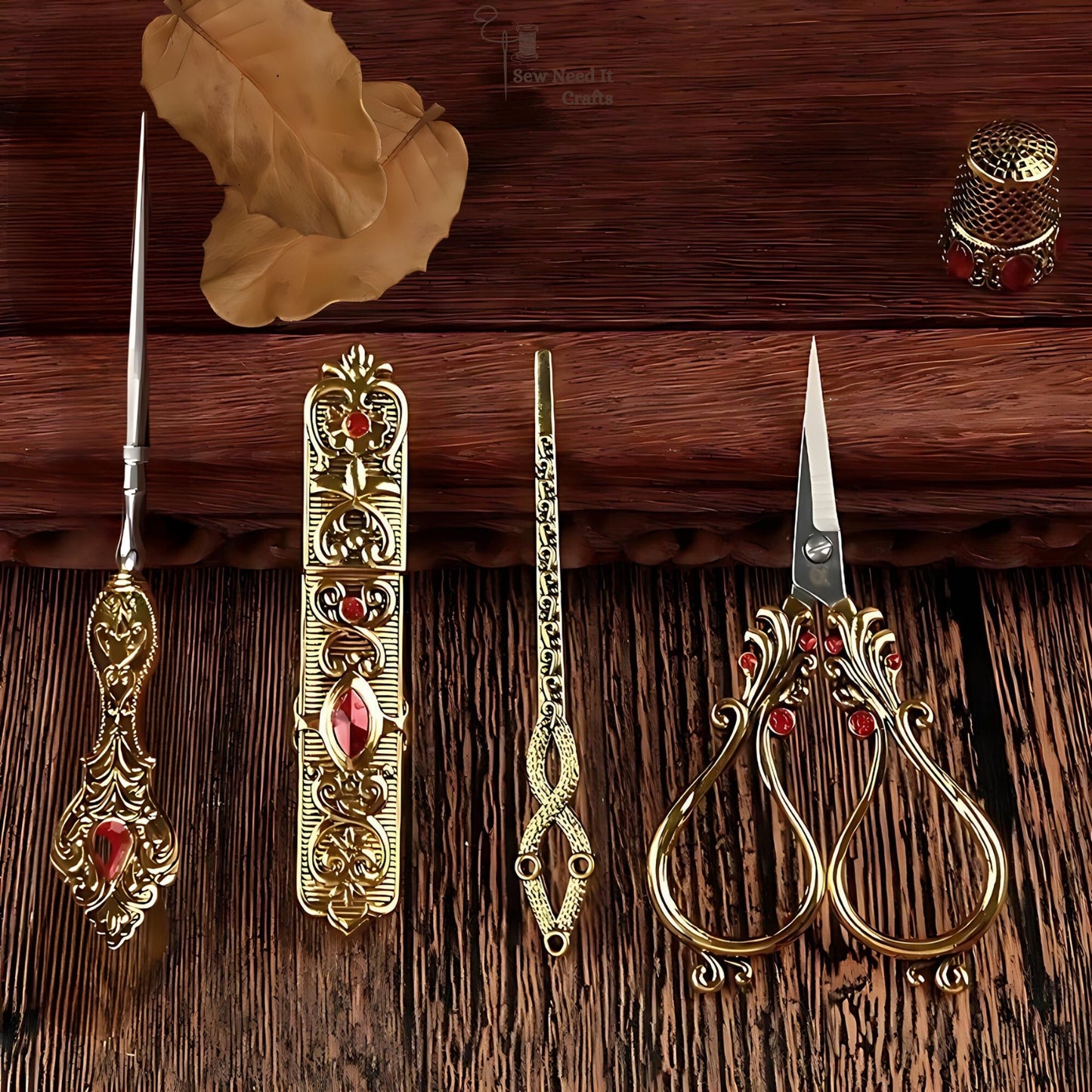 Elegant Metal Engraved Antique, Retro & Vintage Style Complete Sewing Set With Box