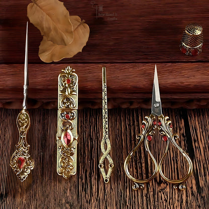 Elegant Metal Engraved Antique, Retro & Vintage Style Complete Sewing Set With Box