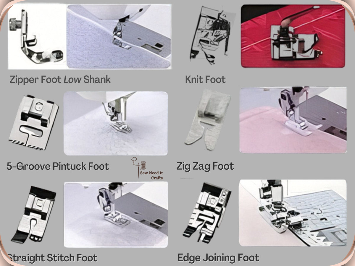 Zipper foot low shank, knit foot, 5-groove pintuck foot, zigzag foot, straight stitch foot and edge joining foot, each beside a stitching sample