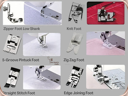 Zipper foot low shank, knit foot, 5-groove pintuck foot, zigzag foot, straight stitch foot and edge joining foot, each beside a stitching sample