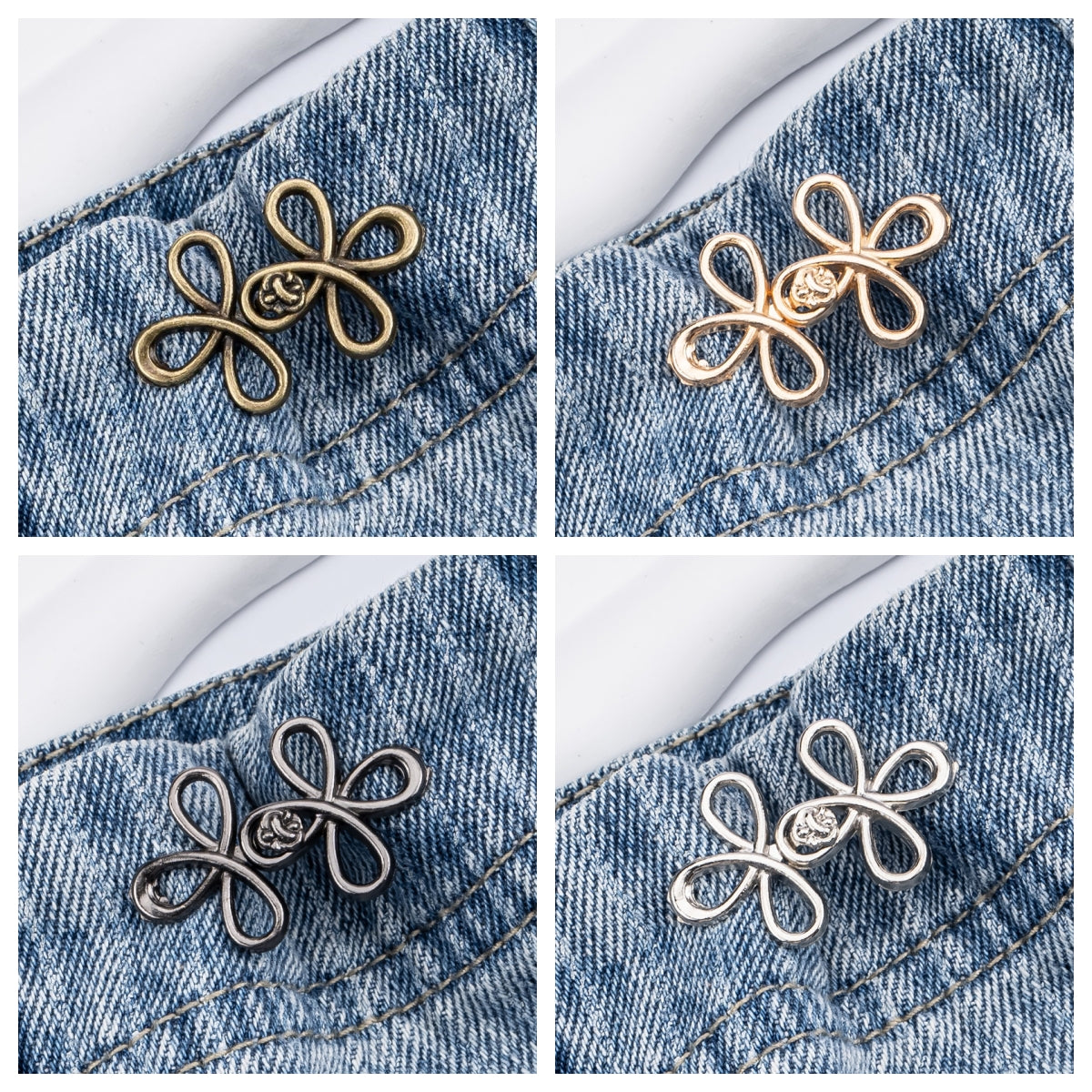 Four clover flower waist adjuster sets in bronze, golden, gunmetal and silver