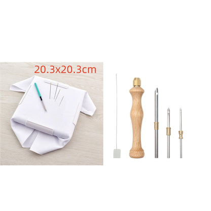 8 x 8 inch snap embroidery frame labelled with its size in cm, with wooden-handle punch needle with three interchangeable tips and threader