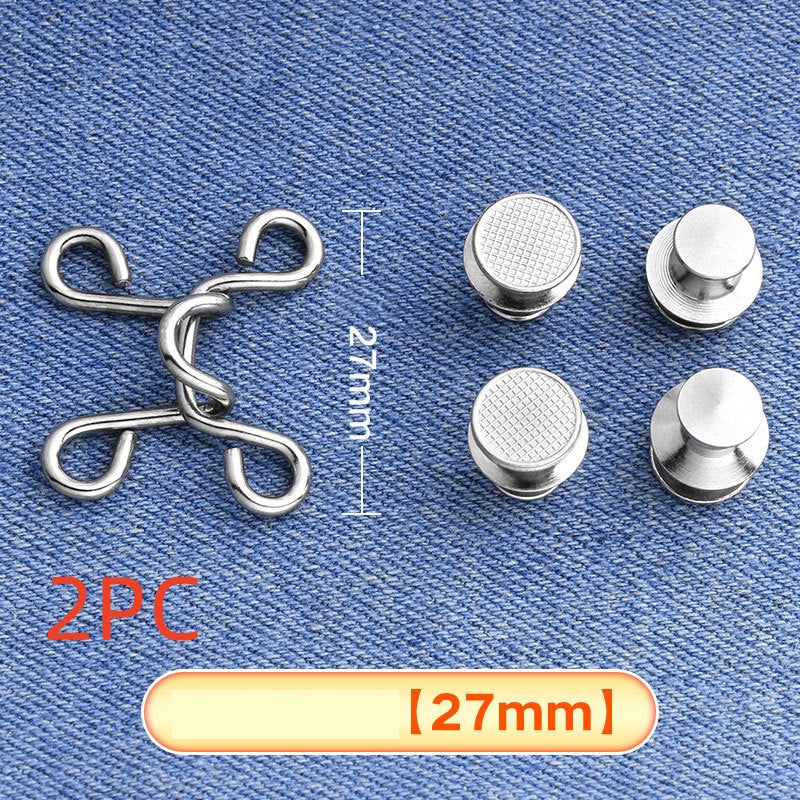 Silver hook-and-eye waistband adjuster on denim marked 2PC for two sets, medium 27 mm
