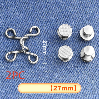 Silver hook-and-eye waistband adjuster on denim marked 2PC for two sets, medium 27 mm