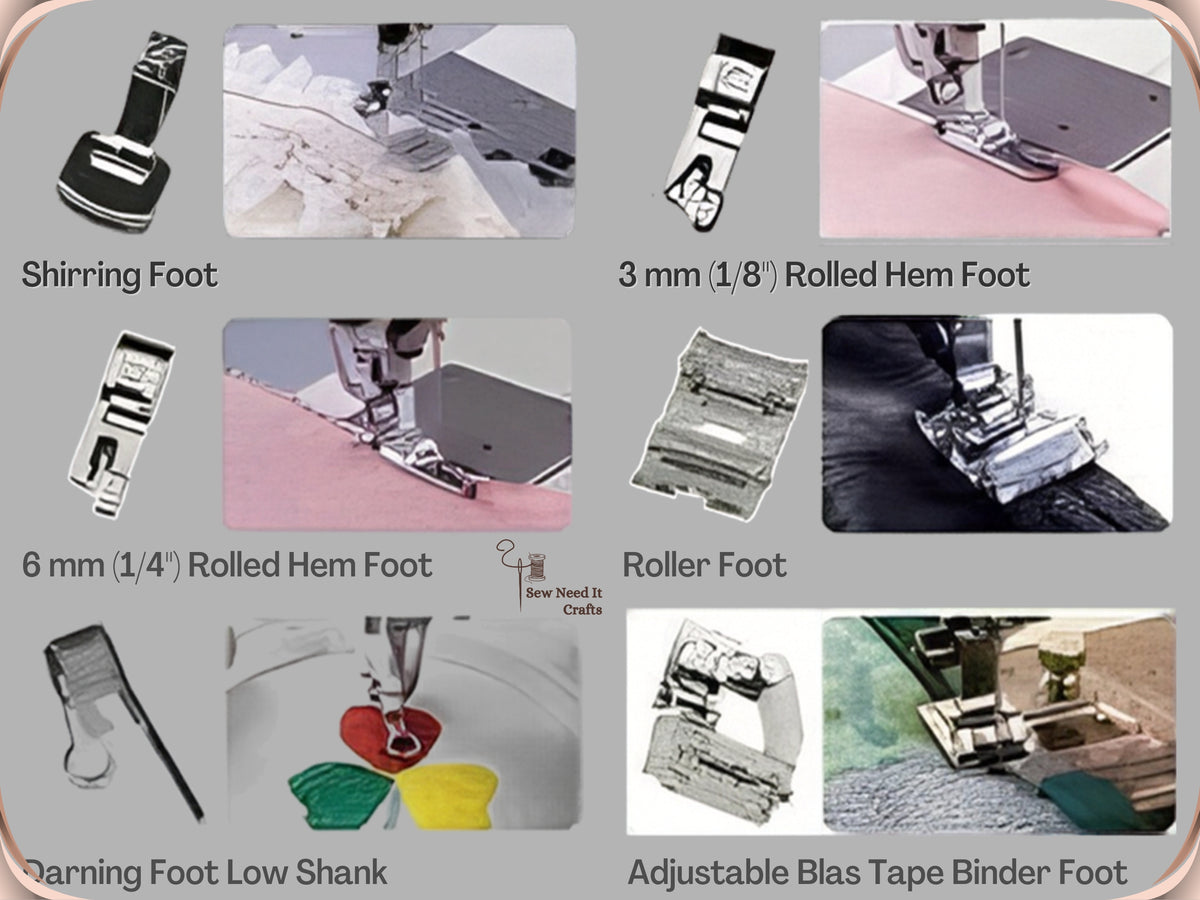 Shirring foot, 3 mm and 6 mm rolled hem feet, roller foot, low shank darning foot and adjustable bias tape binder foot, each beside a stitching sample