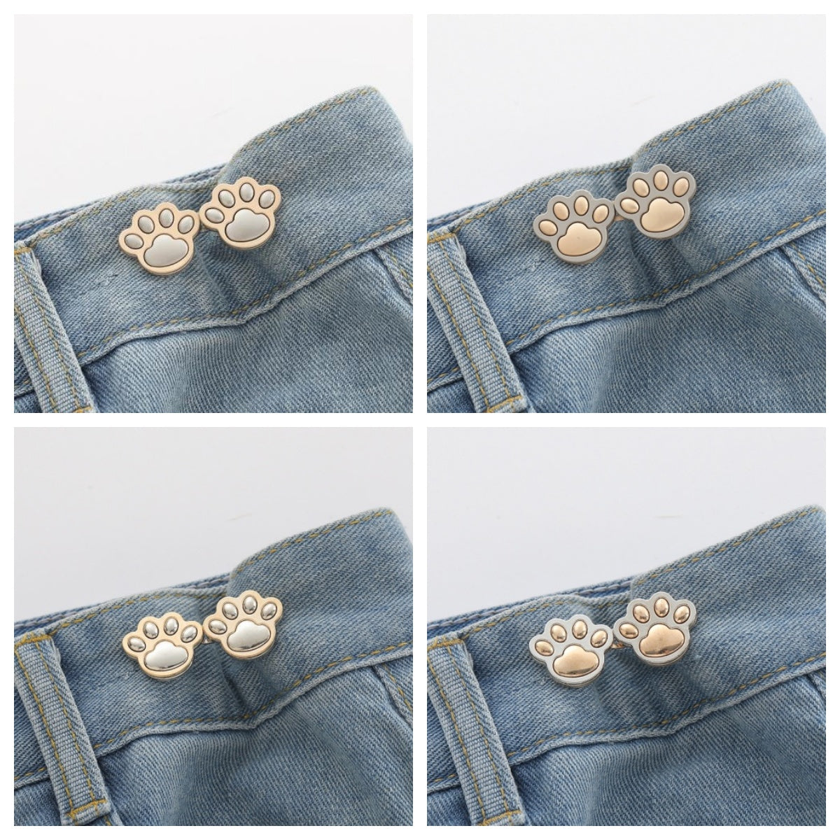 Four sets of paw waist adjusters, one in each colour, shown on denim waistbands