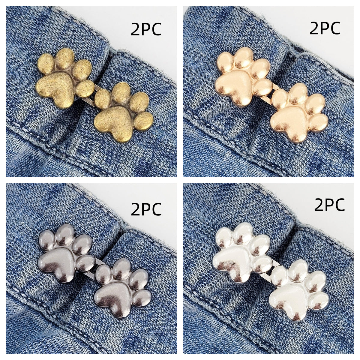 Eight sets of dog paw waist tightener buttons, two each in bronze, golden, gunmetal and silver, every panel labelled 2PC