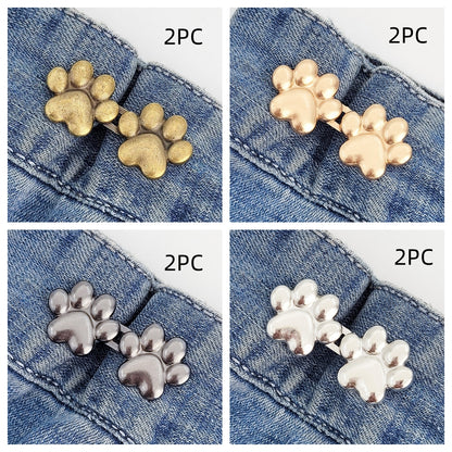 Eight sets of dog paw waist tightener buttons, two each in bronze, golden, gunmetal and silver, every panel labelled 2PC