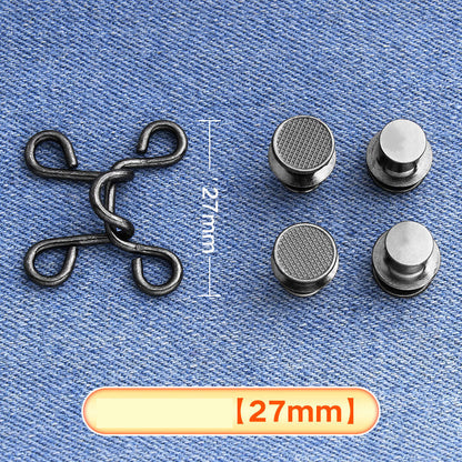 Gunmetal hook-and-eye waistband adjuster set on denim with four button caps, medium 27 mm