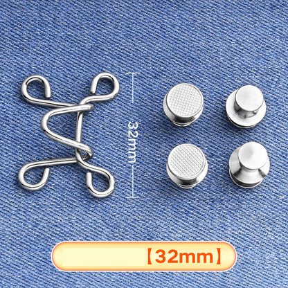 Silver hook-and-eye waistband adjuster set on denim with four button caps, large 32 mm