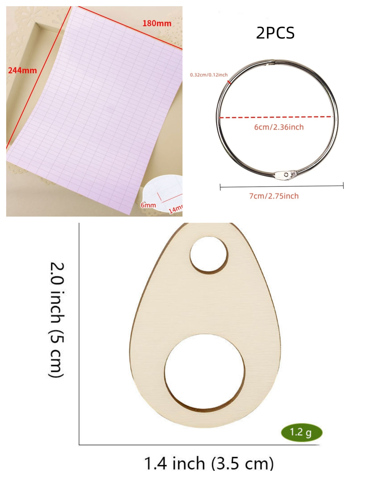 Style K egg wooden embroidery floss organizer boards, 50 piece set with 2 metal rings and blank labels