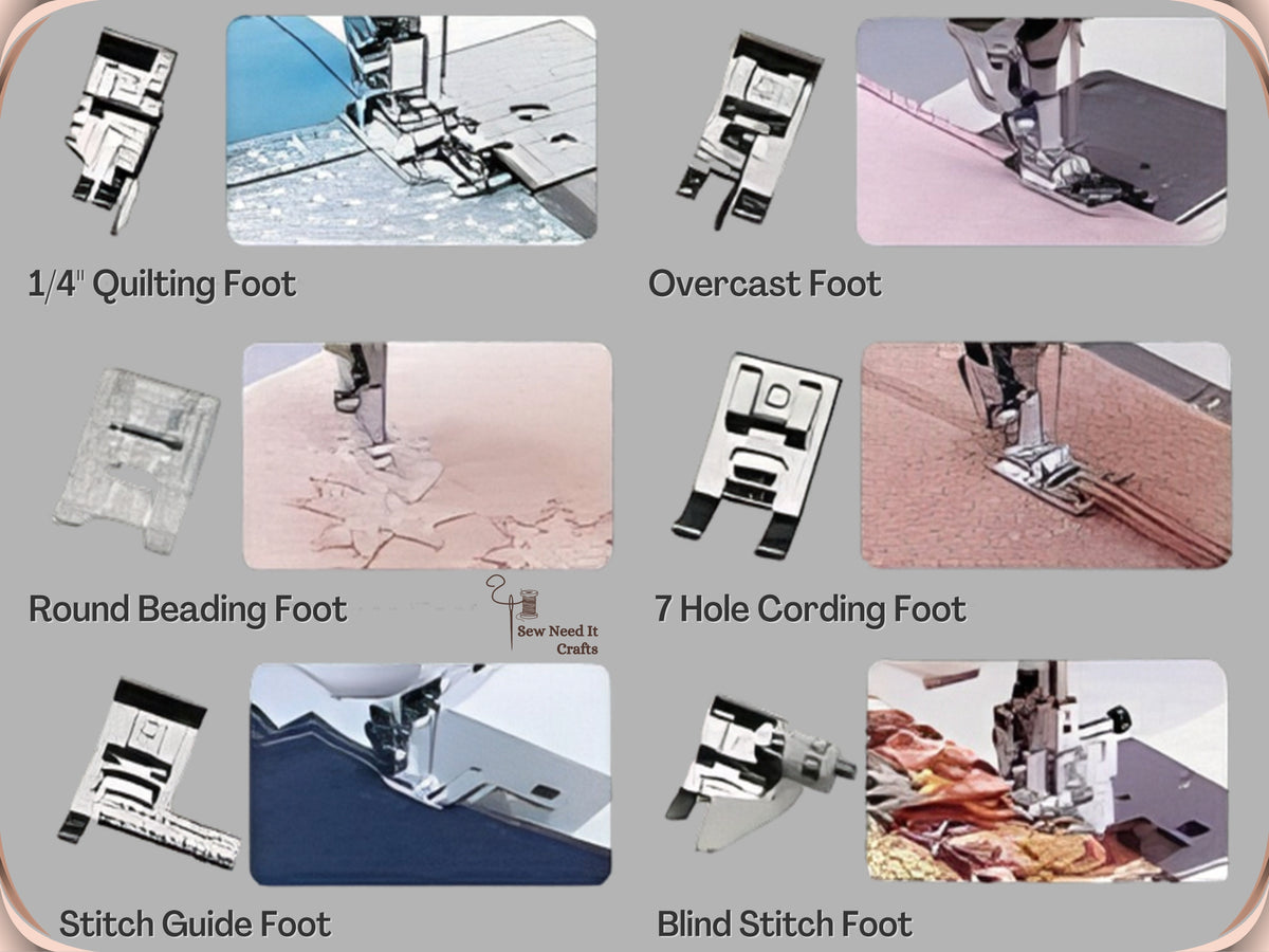 Quarter inch quilting foot, overcast foot, round beading foot, 7-hole cording foot, stitch guide foot and blind stitch foot, each beside a stitching sample