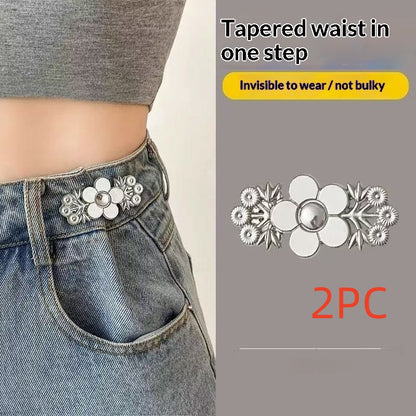 Silver flower no-sew jean waist adjuster clips, two sets