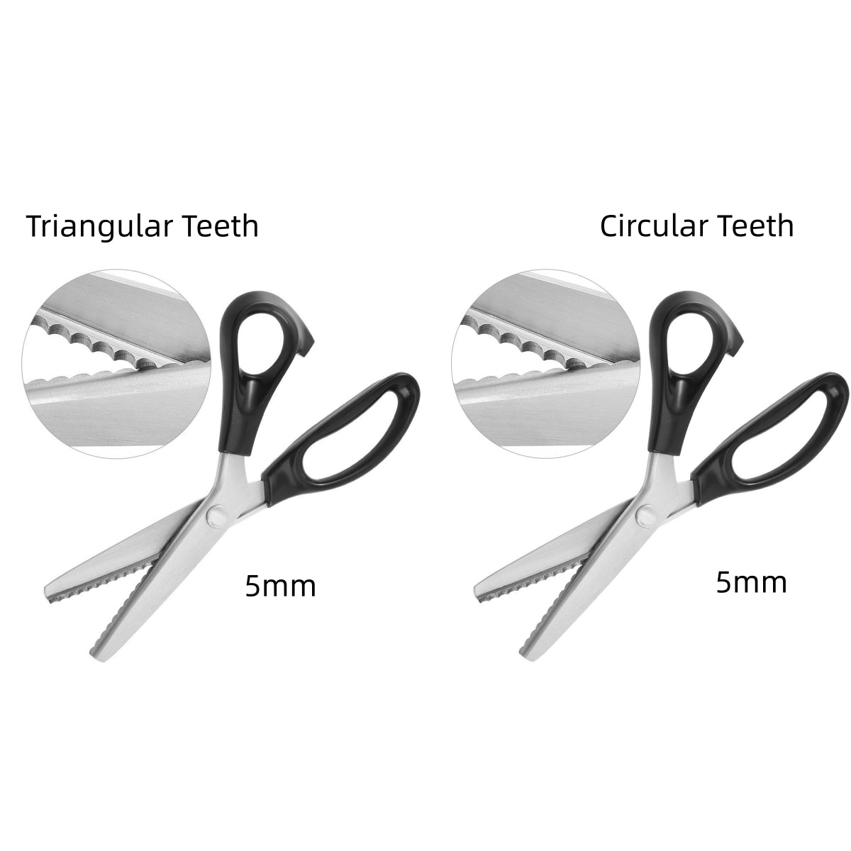 Two pinking shears side by side, one with triangular teeth and one with circular teeth, both at 5 mm tooth pitch, with blade close-ups