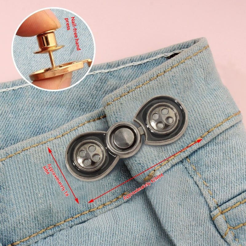 Gunmetal bow button waist adjuster, one set, no-sew jean waistband tightener