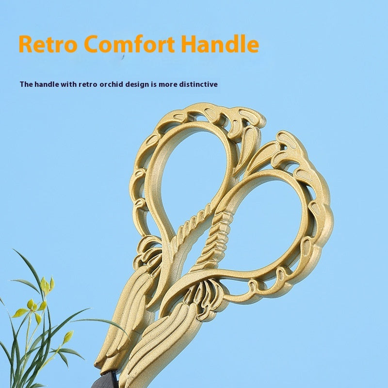 Elegant Metal Engraved Orchid Flower Retro Antique Vintage Sewing Scissors