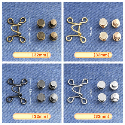 Golden, silver, bronze and gunmetal hook-and-eye waistband adjusters on denim in a four-panel grid, large 32 mm
