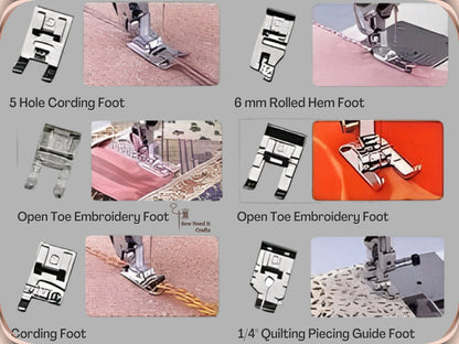 5-hole cording foot, 6 mm rolled hem foot, two open toe feet, cording foot and quarter inch quilting piecing guide foot, each beside a stitching sample