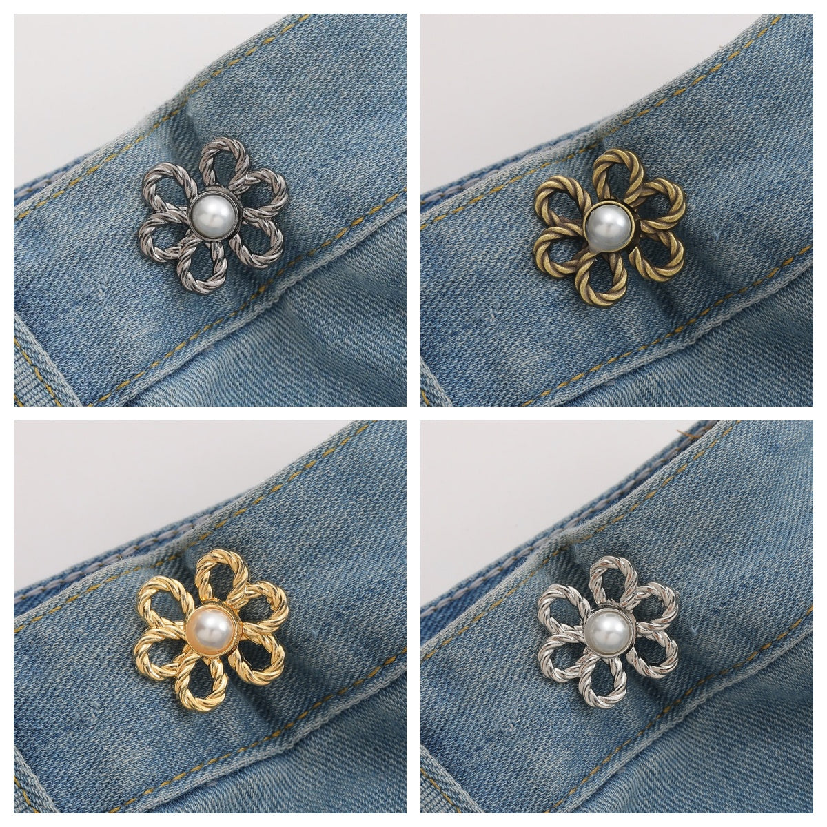 Pearl flower no-sew waist adjuster clips in golden, silver, gunmetal and bronze, 4 sets