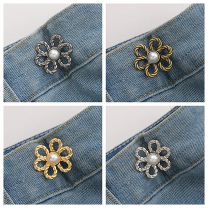 Pearl flower no-sew waist adjuster clips in golden, silver, gunmetal and bronze, 4 sets