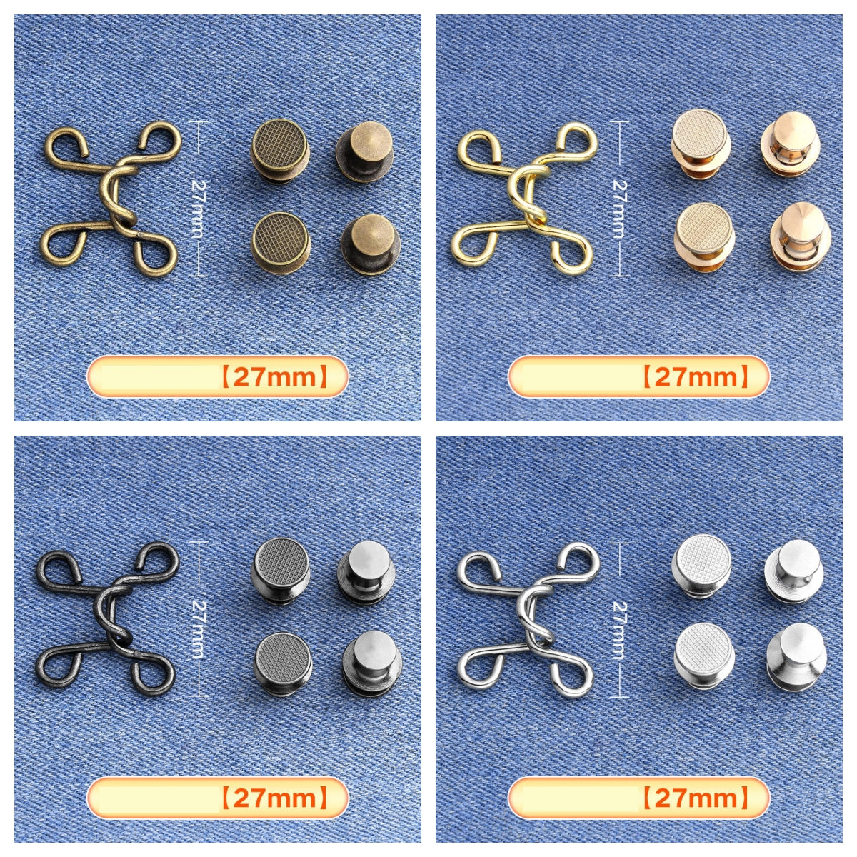 Golden, silver, bronze and gunmetal hook-and-eye waistband adjusters on denim in a four-panel grid, medium 27 mm