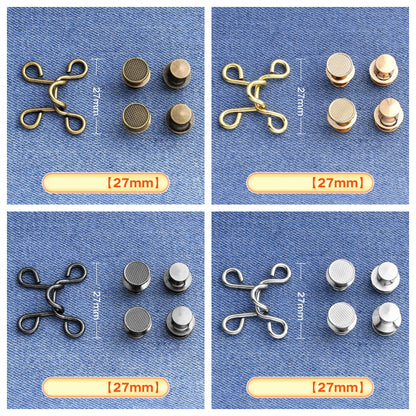 Golden, silver, bronze and gunmetal hook-and-eye waistband adjusters on denim in a four-panel grid, medium 27 mm