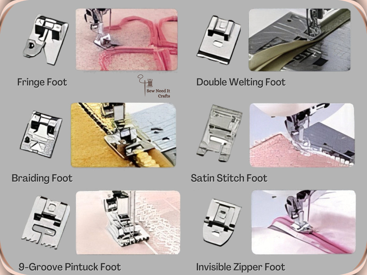 Fringe foot, double welting foot, braiding foot, satin stitch foot, 9-groove pintuck foot and invisible zipper foot, each beside a stitching sample