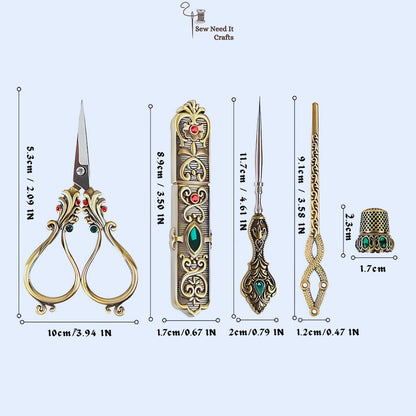 Elegant Metal Engraved Antique, Retro & Vintage Style Complete Sewing Set With Box