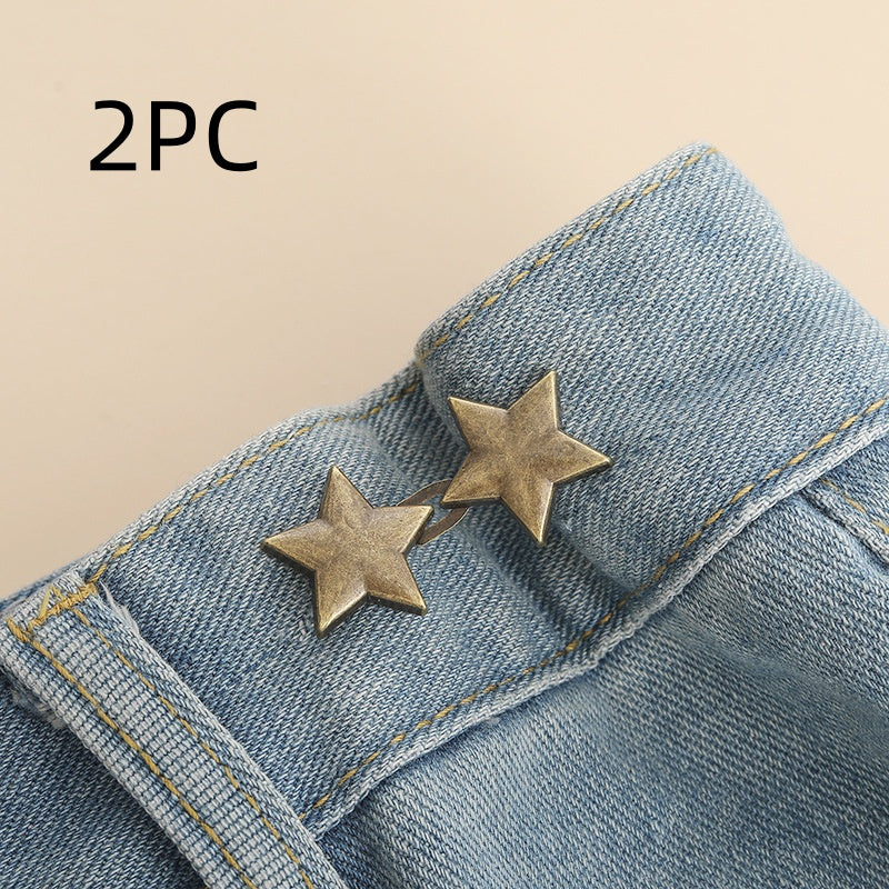 Bronze star shape waist adjuster, two sets, shown on a denim waistband