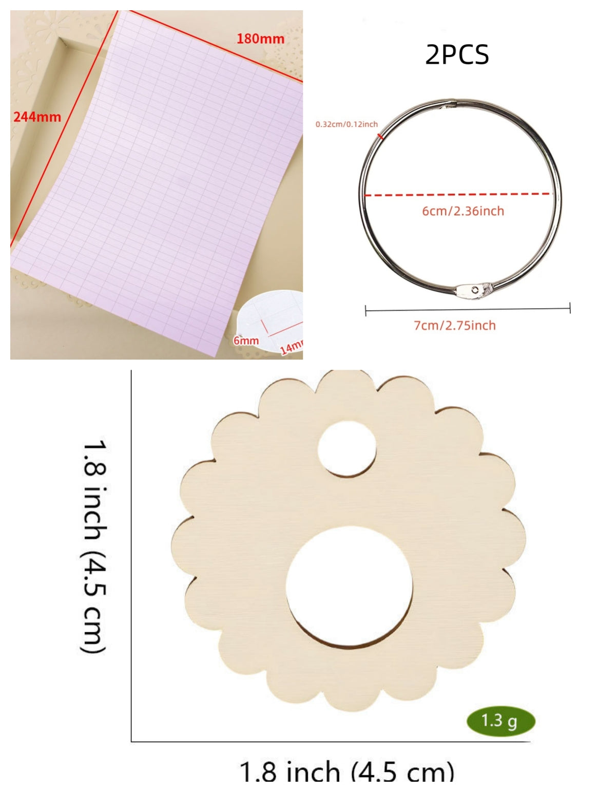 Style I scalloped daisy wooden embroidery floss organizer boards, 50 piece set with 2 metal rings and blank labels