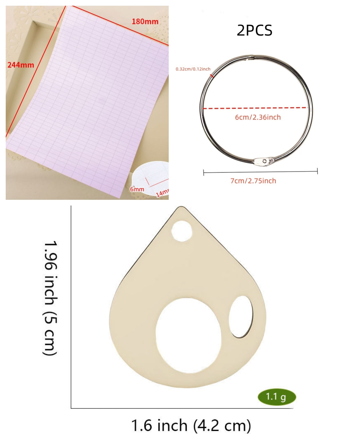 Style A teardrop wooden embroidery floss organizer boards, 50 piece set with 2 metal rings and blank labels