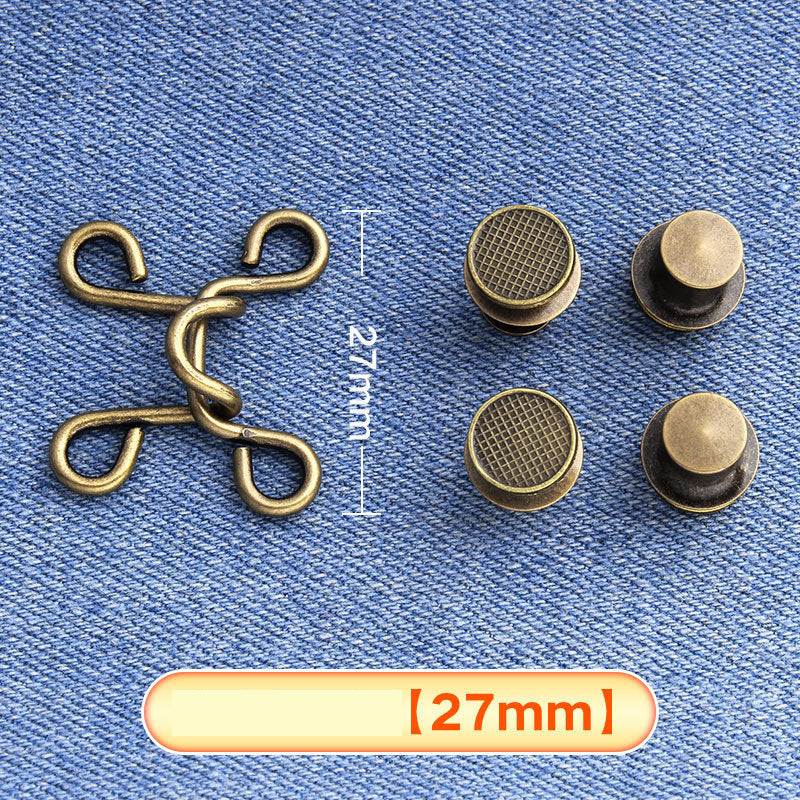 Bronze hook-and-eye waistband adjuster set on denim with four button caps, medium 27 mm