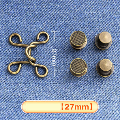 Bronze hook-and-eye waistband adjuster set on denim with four button caps, medium 27 mm