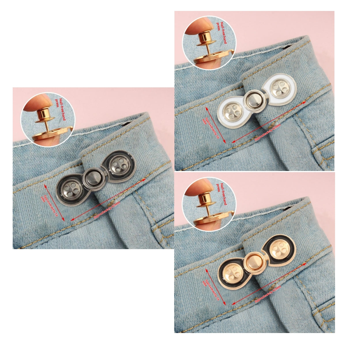 Bow button waist adjusters in golden, silver white and gunmetal, three sets