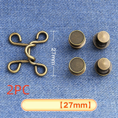 Bronze hook-and-eye waistband adjuster on denim marked 2PC for two sets, medium 27 mm