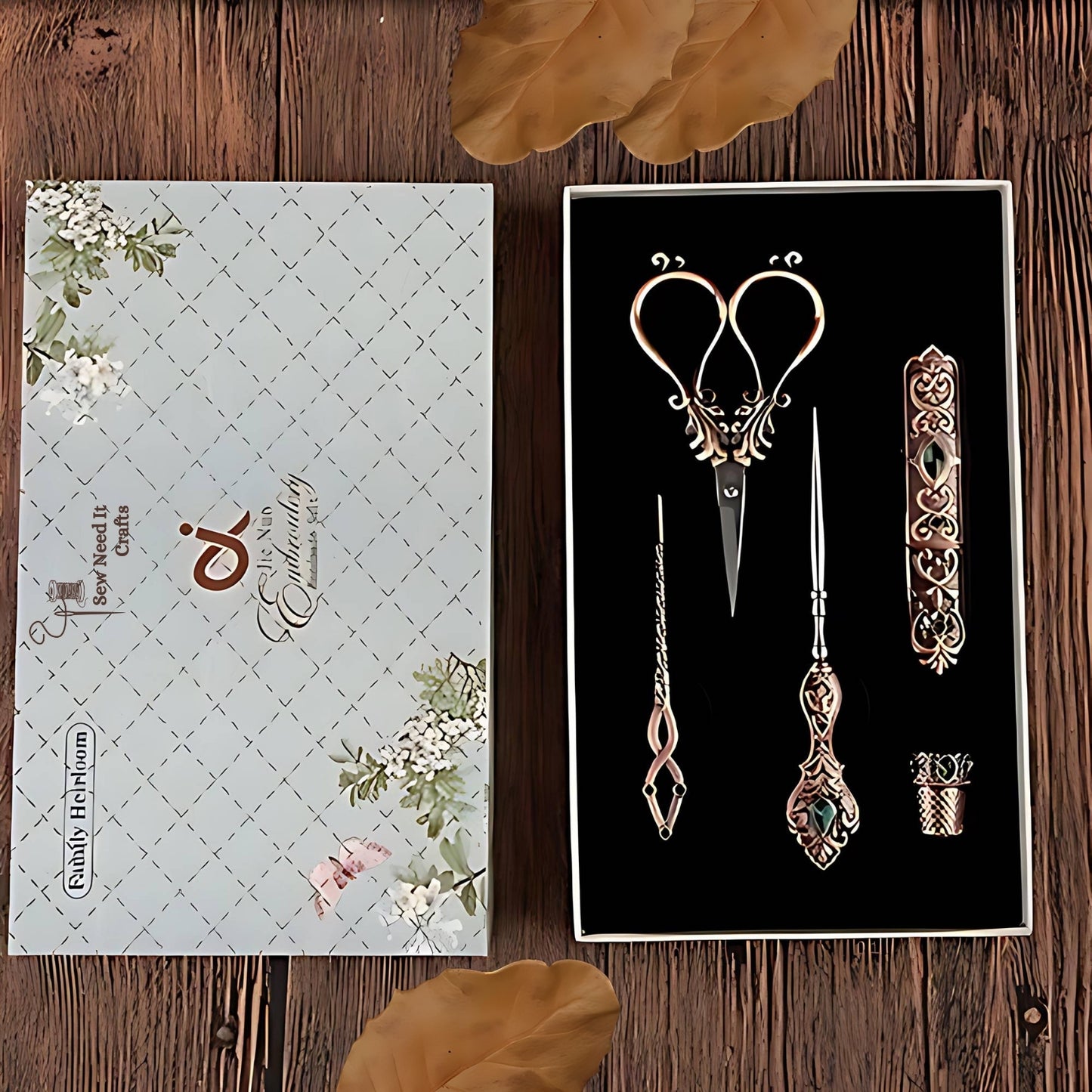 Elegant Metal Engraved Antique, Retro & Vintage Style Complete Sewing Set With Box