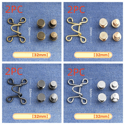 Four-panel grid of golden, silver, bronze and gunmetal hook-and-eye waistband adjusters on denim, each marked 2PC for eight sets, large 32 mm