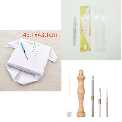 17 x 17 inch snap embroidery frame labelled with its size in cm, with both the blue adjustable punch needle kit and the wooden-handle punch needle set