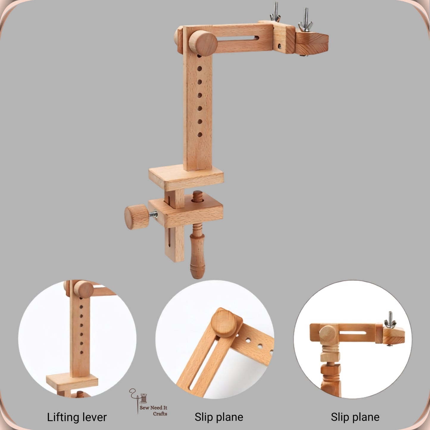 The complete beechwood embroidery stand with circled close-ups of the lifting lever and the two sliding joints