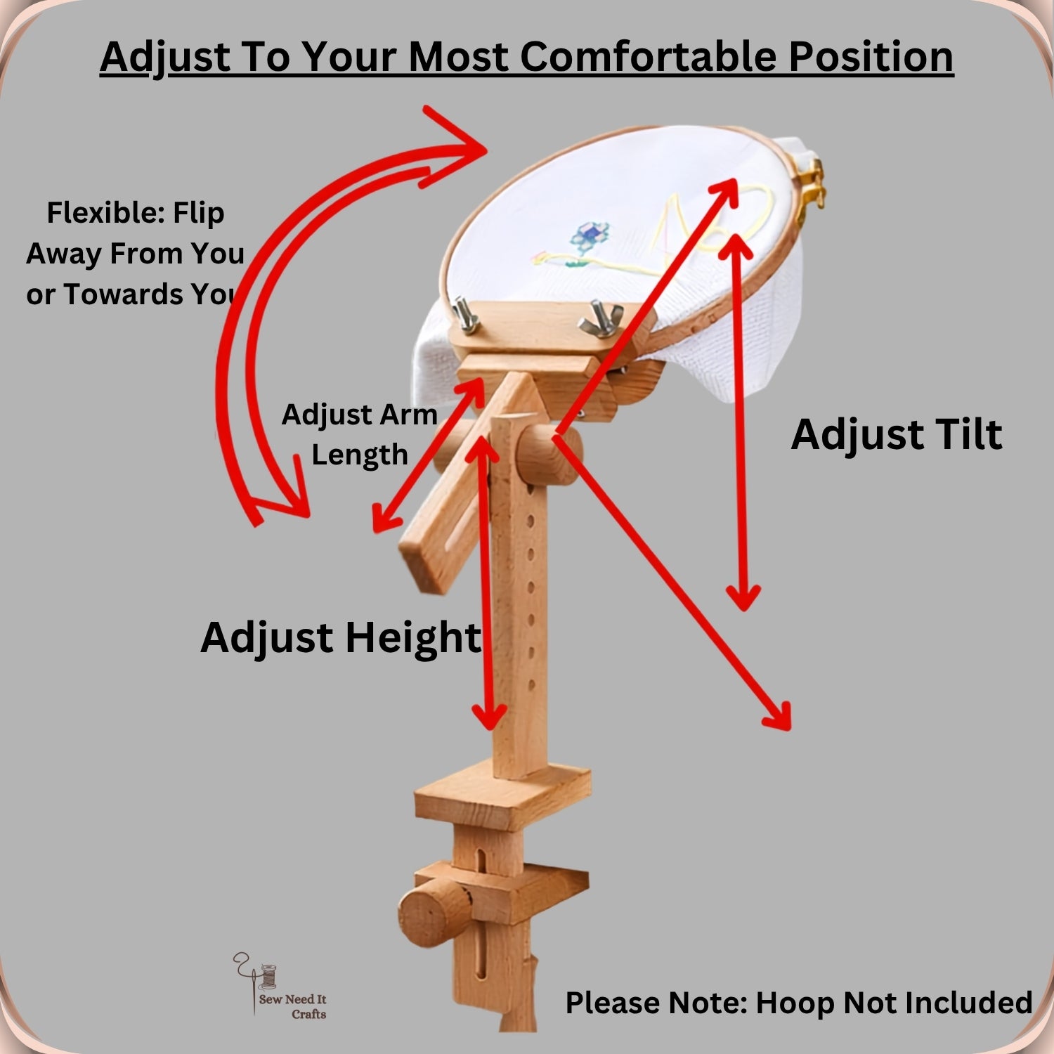 Labelled diagram of the embroidery stand showing height adjustment, arm length adjustment, tilt adjustment and flipping the hoop towards or away from you