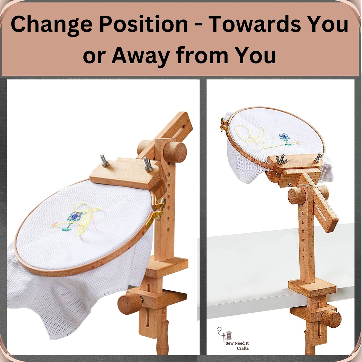 Two views of the clamp-on embroidery stand showing the hoop positioned towards the stitcher and flipped away from them