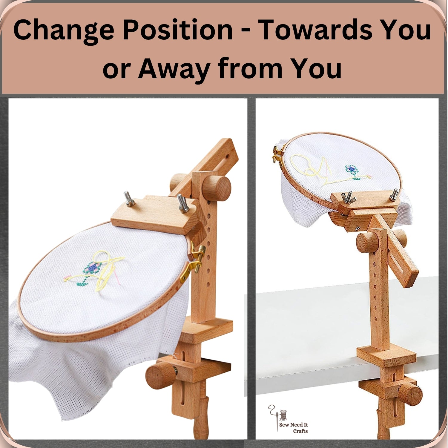 Two views of the clamp-on embroidery stand showing the hoop positioned towards the stitcher and flipped away from them